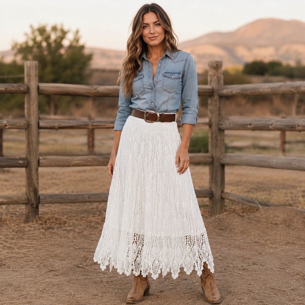 Bohemian Cafe Women's M White Crochet Lace Cotton Lined Maxi Skirt Boho Festival